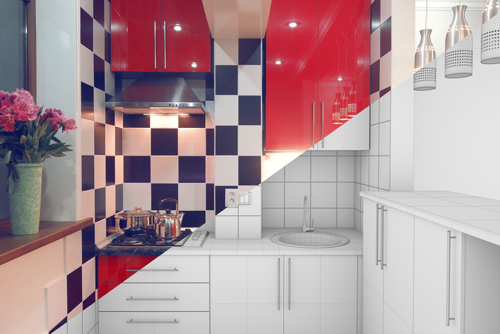 Modern interior of small red kitchen half finished, half 3d illustration clay render